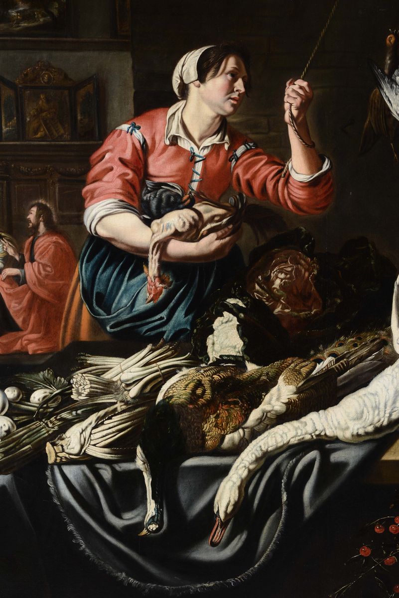 Adriaen Van Utrecht (antwerp 1599 - 1652)scena di Cucina con Cristo nella Casa di Marta e Maria