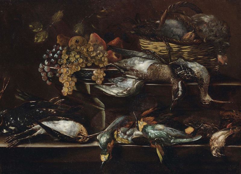 Scuola del XVIII secolo Natura morta con frutta e uccelli  - Asta Dipinti Antichi - Cambi Casa d'Aste
