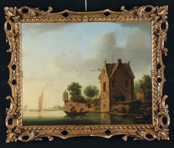 Hendrik Willem Schweickhardt (1747 – 1797), attribuito a Paesaggio con pescatori