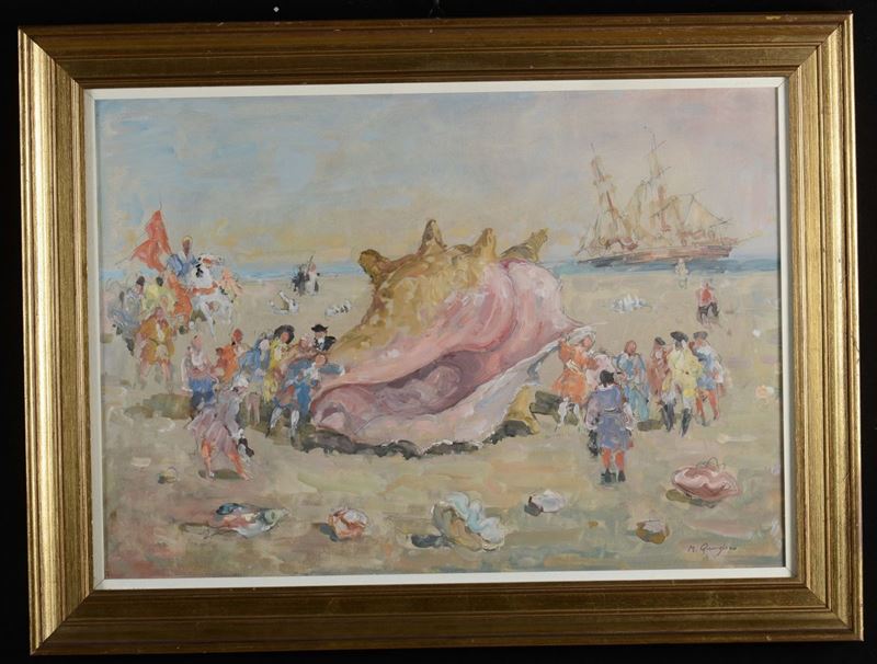 Massimo Quaglino (1899-1982) Spiaggia con conchiglia e personaggi  - Asta Arredi dalle dimore degli eredi Ercole Marelli e altre provenienze - Cambi Casa d'Aste