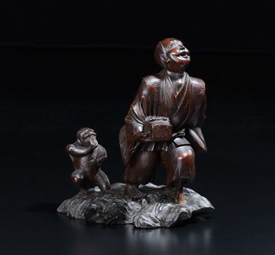 Scultura in Legno Raffigurante Contadino con Scimmietta, Cina, XX Secolo