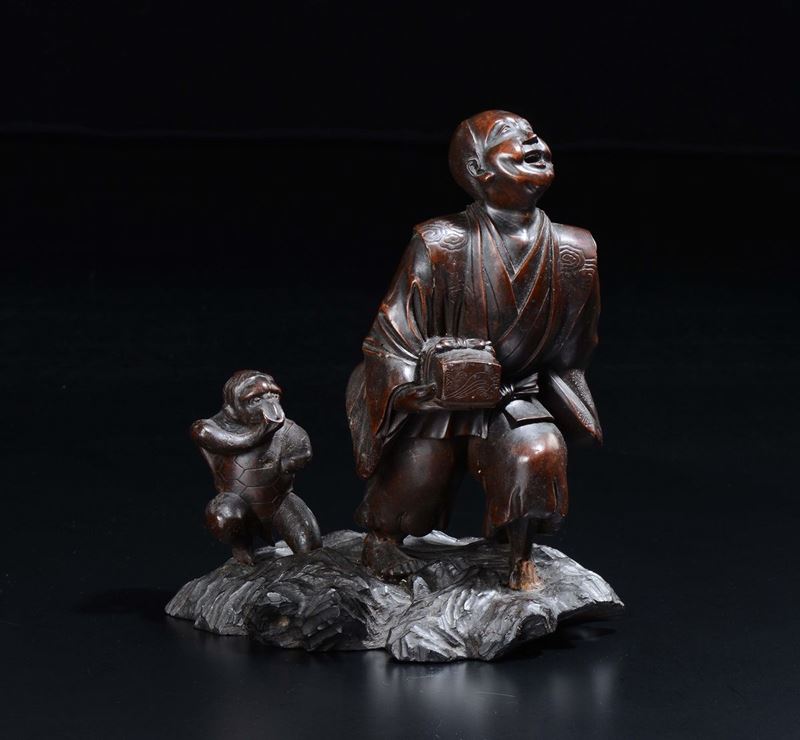 A carved wood farmer and monkey group, China, 20th century  - Auction Chinese Works of Art - Cambi Casa d'Aste