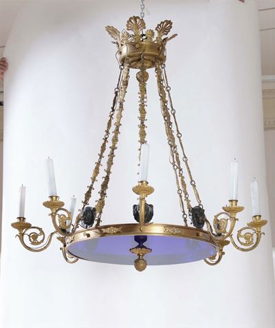 Lampadario a Otto Luci in Bronzo Dorato e Vetro di Gusto Impero, Francia Inizi XIX Secolo