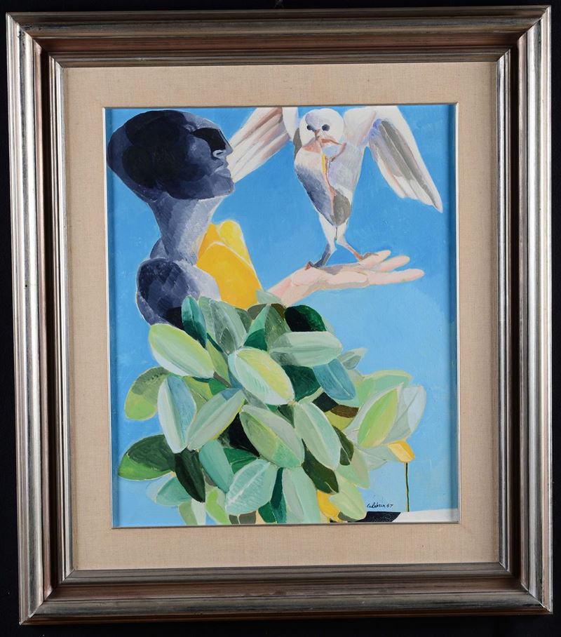 Ennio Calabria (1937) Figura con civetta  - Asta Arredi dalle dimore degli eredi Ercole Marelli e altre provenienze - Cambi Casa d'Aste