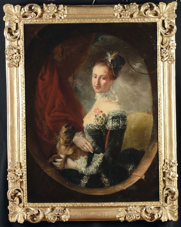 Scuola Francese del XVIII secolo Ritratto di dama con cagnolino