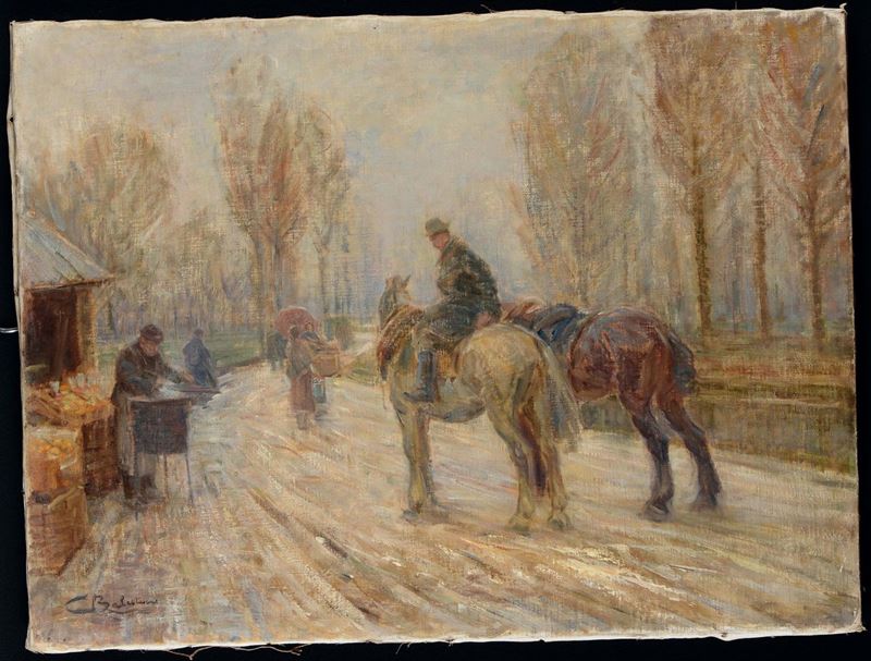 Carlo Balestrini (Milano 1868-1922) Viale con contadini a cavallo  - Asta Antiquariato - Cambi Casa d'Aste