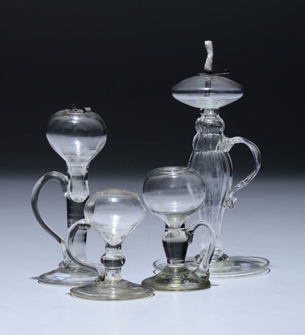 Quattro lampade ad olio in vetro, XIX secolo