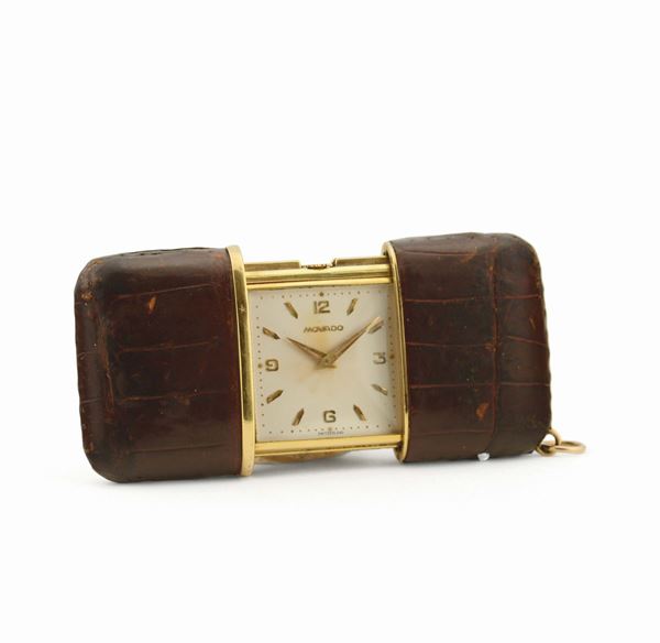MOVADO, Ermeto, extensible fine leather covered gilt brass keyless purse watch. Made in the 1940's.