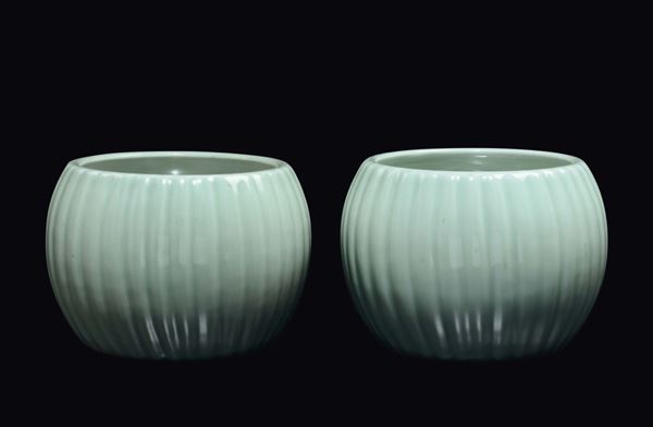 A pair of Celadon porcelain cachepot, China, Qing Dynasty, 19th century