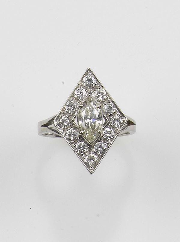 A marquise-cut diamond ring. Mounted in white gold 750/1000