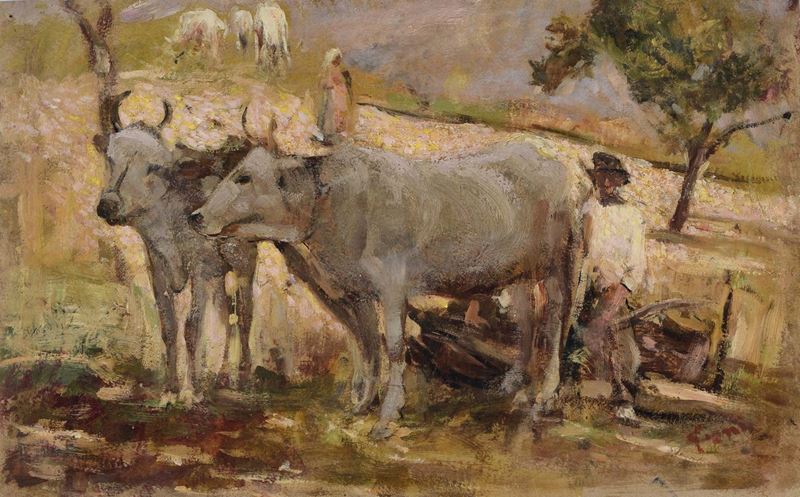 Cesare Ciani (Firenze 1854-1925) Buoi con contadino  - Asta Dipinti del XIX e XX secolo - Cambi Casa d'Aste