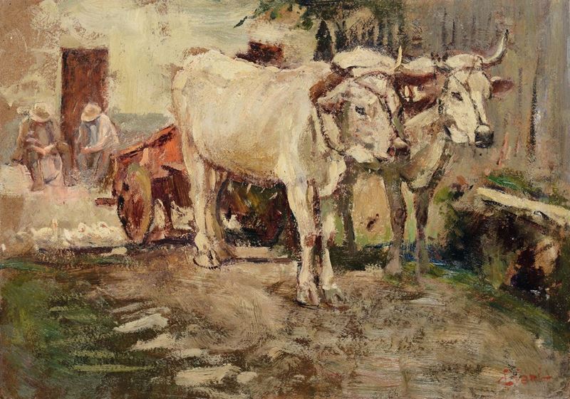 Cesare Ciani (Firenze 1854-1925) Buoi al carro  - Auction 19th and 20th century paintings - Cambi Casa d'Aste