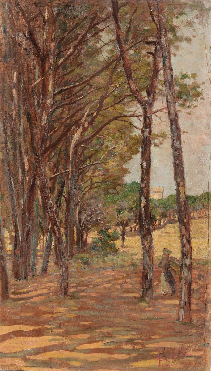 Luigi Gioli (San Frediano a Settimo 1854 - Firenze 1947) Contadina tra gli alberi  - Asta Dipinti del XIX e XX secolo - Cambi Casa d'Aste