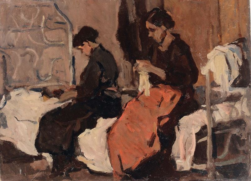 Ludovico Tommasi (Livorno 1866 - Firenze 1941) Dame che cuciono  - Asta Dipinti del XIX e XX secolo - Cambi Casa d'Aste