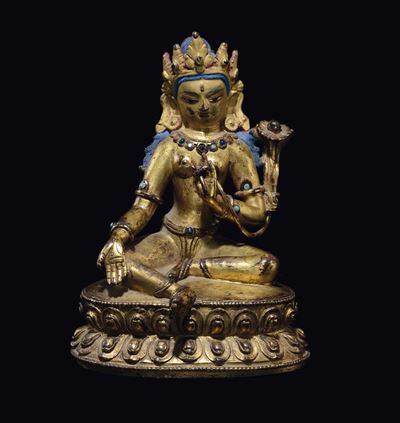 Figura di Prajnaparamita in Bronzo Dorato Seduta su Doppio Fiore di Loto, Tibet, XVI Secolo