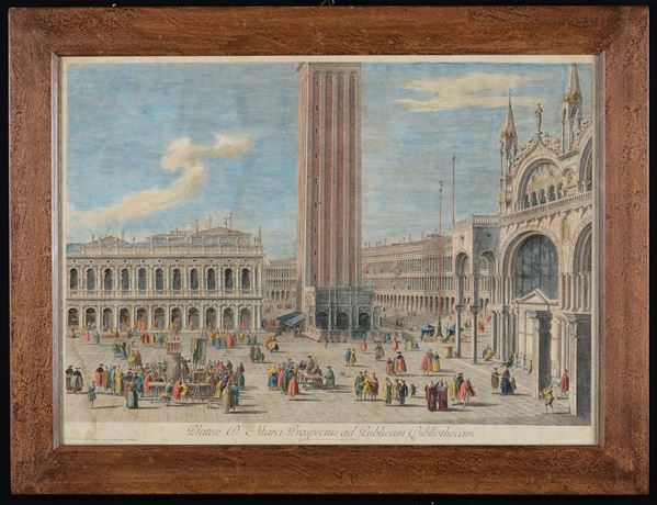 Lotto di tre stampe acquerellate raffiguranti vedute di Venezia, XVIII-XIX secolo