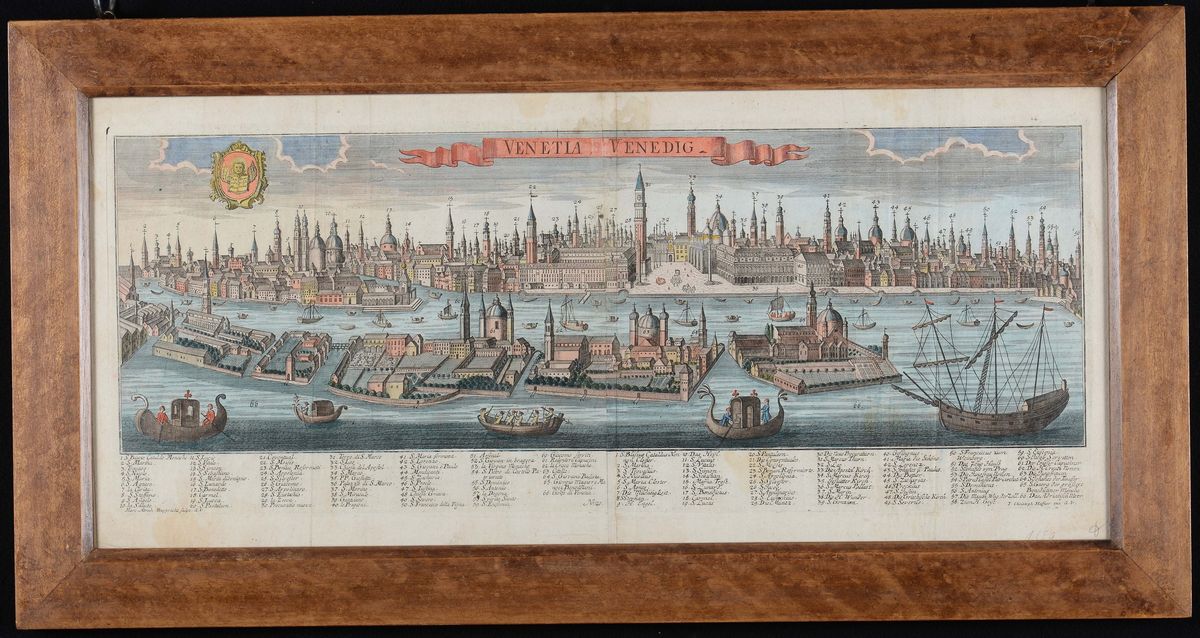 Lotto di Tre Stampe Acquerellate Raffiguranti Vedute di Venezia, XVIII-XIX Secolo