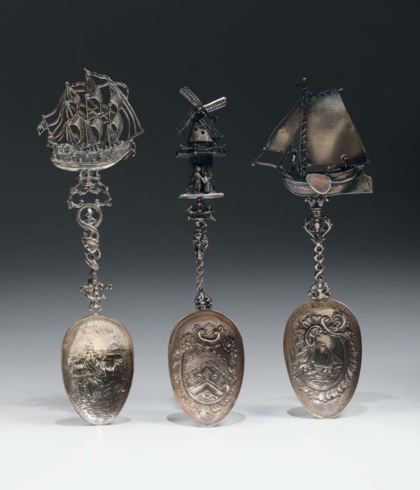 Lotto di tre cucchiai in argento, Paesi Bassi XIX-XX secolo