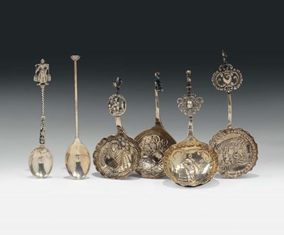 Lotto di Sei Cucchiai in Argento, Paesi Bassi XIX-XX Secolo, Punzoni dal 1814 al 1953