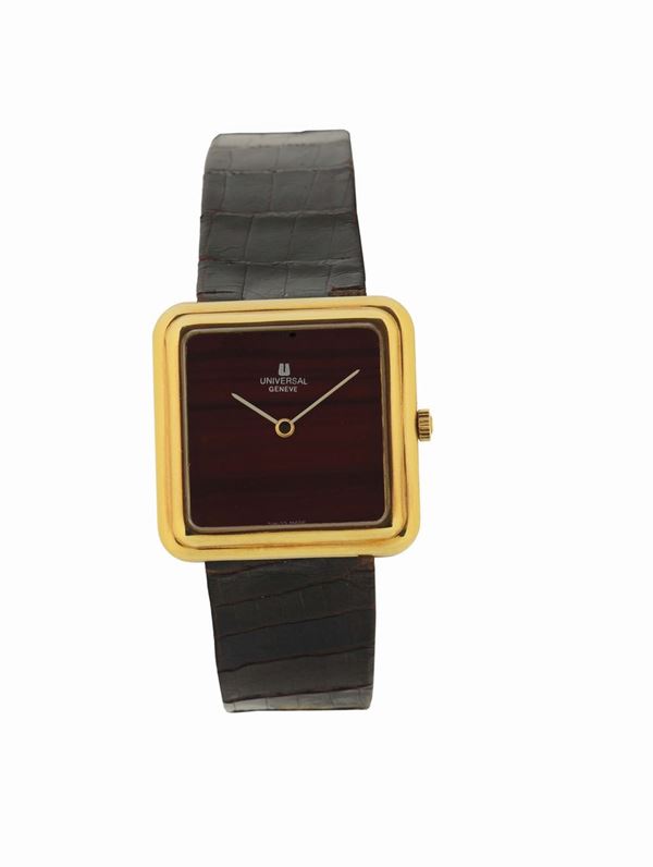 UNIVERSAL GENEVE, case No.1800.1, 18K yellow gold wristwatch with gold plated buckle. Made in the 1980's.