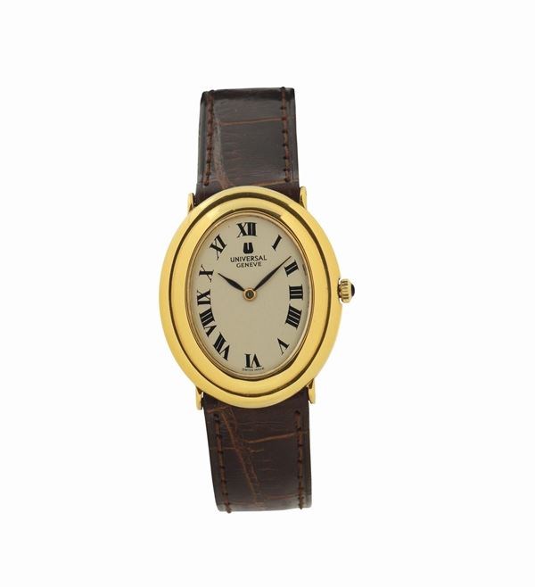 UNIVERSAL GENEVE, orologio da polso, di forma ovale, in oro giallo 18K, cassa No. 1415, fibia originale Universal placcata. Realizzato nel 1980.