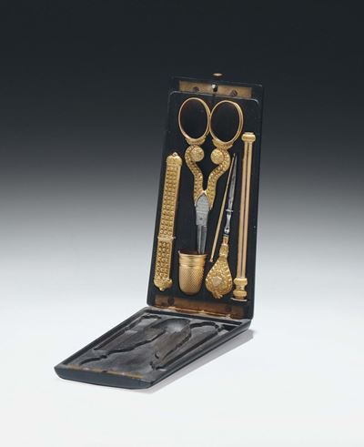 Etui con Contenitore in Palissandro e Oro, Utensili in Oro e Metallo, Francia XIX Secolo