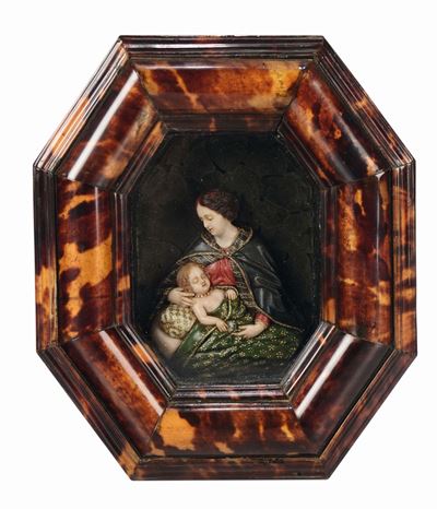Caterina De Julianis Madonna Col Bambino Firmato e Datato 1727 Bassorilievo in Cere Colorate Dime...