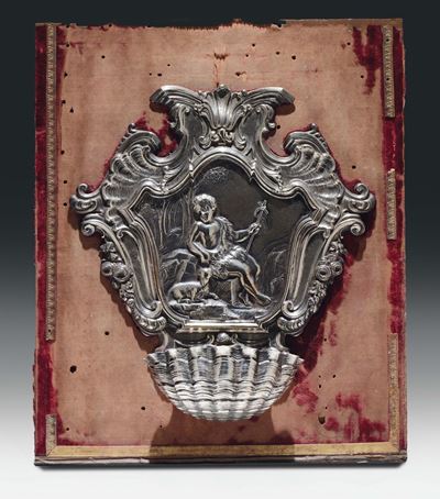 Acquasantiera in Argento Sbalzato e Ceselllato con Motivi a Volute Floreali, Lucca XVIII Secolo