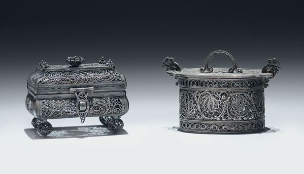 Due scatoline in filigrana d'argento, Europa XIX secolo