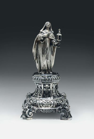 Scultura di Santa Chiara in Argento Fuso, Sbalzato e Cesellato. Arte Napoletana del Primo Quarto ...