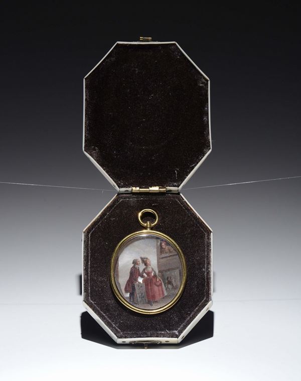 Pendente ovale in oro con al centro miniatura su madreperla con scene di genere. XVIII secolo