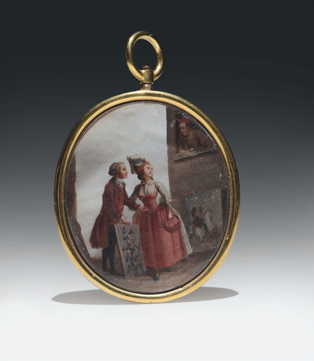 Pendente Ovale in Oro con al Centro Miniatura su Madreperla con Scene di Genere. XVIII Secolo