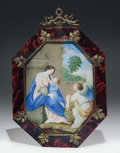 Dipinto a Tempera su Pergamena di Forma Ottagonale Rafffigurante Madonna con Bambino ed Angelo. I...