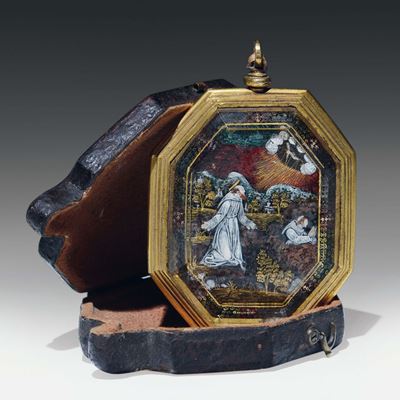 Medaglione Ottagonale con Cornice Modanata in Bronzo Dorato e Mostra in Cristallo di Rocca Molato...
