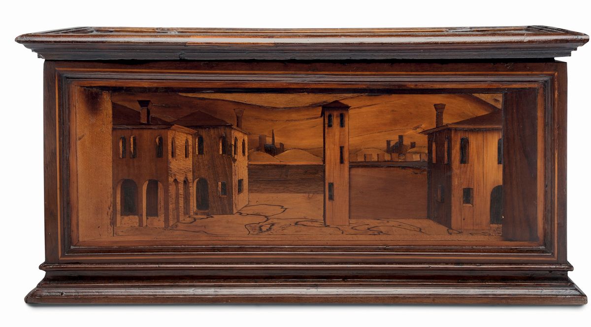 Cassina Rettangolare in Legno di Noce Intarsiata con Varie Essenze. Italia Centrale, Emilia (?) X...