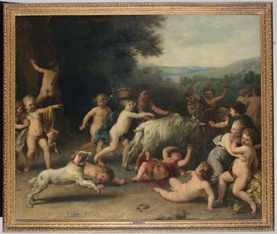 Cornelis Holsteijn (haarlem 1618 - 1658 Circa)scena Campestre con Putti e Cane da Caccia