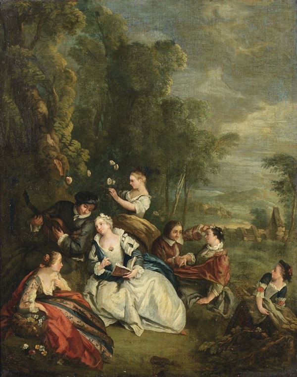 Peter Jacob Horemans (Anversa 1700 - Monaco 1776) Boschetto con personaggi lungo il fiume