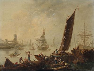Jean Baptiste Pillement (lyon 1728-1808) Attribuito Ascena di Porto con Velieri