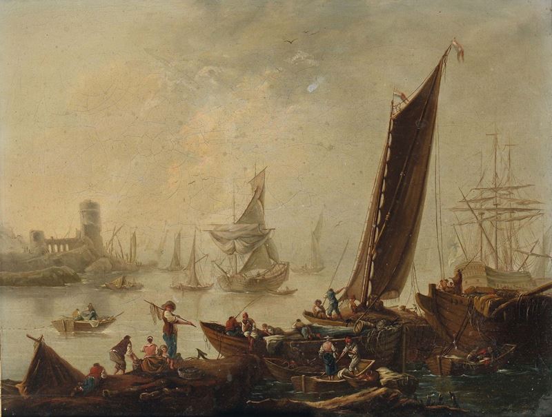 Jean Baptiste Pillement (Lyon 1728-1808) attribuito a Scena di porto con velieri  - Asta Dipinti Antichi - Cambi Casa d'Aste