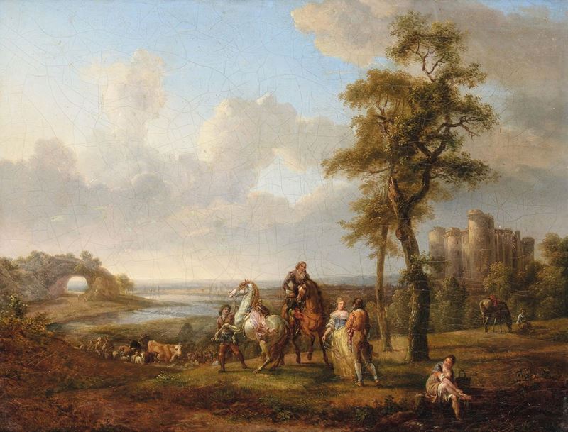 Abraham Bruining Van Worrell (Olanda 1787-1832) attribuito a Paesaggio con cavalieri  - Asta Dipinti Antichi - Cambi Casa d'Aste