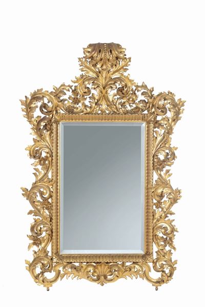 Specchiera di Forme Barocche in Legno Intagliato e Dorato, Toscana XIX Secolo