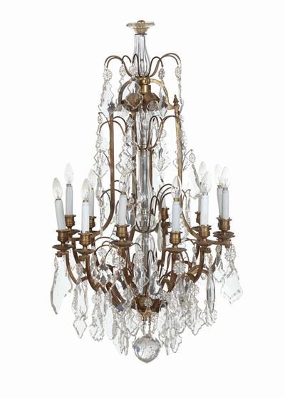 Lampadario in Bronzo e Cristallo a Sedici Luci, XX Secolo