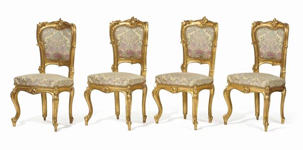Quattro sedie in legno intagliato e dorato, Roma XIX secolo