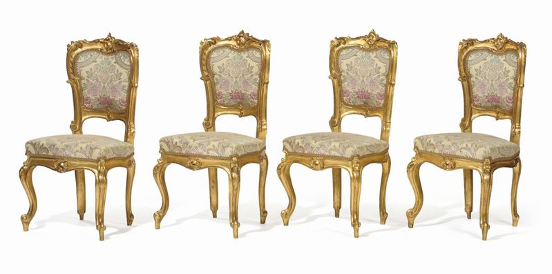 Quattro sedie in legno intagliato e dorato, Roma XIX secolo  - Asta Arredi dalle dimore degli eredi Ercole Marelli e altre provenienze - Cambi Casa d'Aste