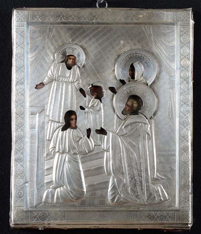 Icona Raffigurante Santi con Riza in Metallo Sbalzato, XIX Secolo