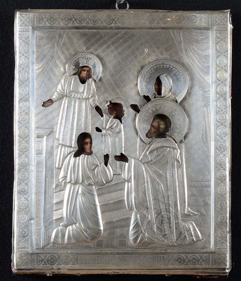 Icona raffigurante Santi con riza in metallo sbalzato, XIX secolo  - Auction Paintings online auction - Cambi Casa d'Aste