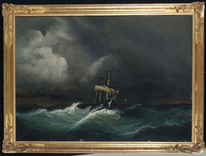 Scuola del XIX secolo Nave in tempesta  - Asta Arredi dalle dimore degli eredi Ercole Marelli e altre provenienze - Cambi Casa d'Aste