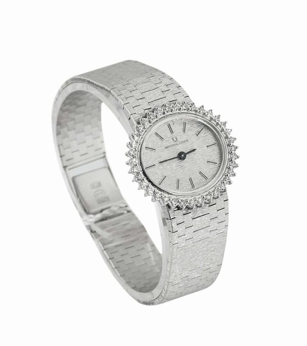 UNIVERSAL GENEVE, orologio da donna, in oro bianco 18K, con brillanti e bracciale integrato in oro bianco. Realizzato nel 1980circa.