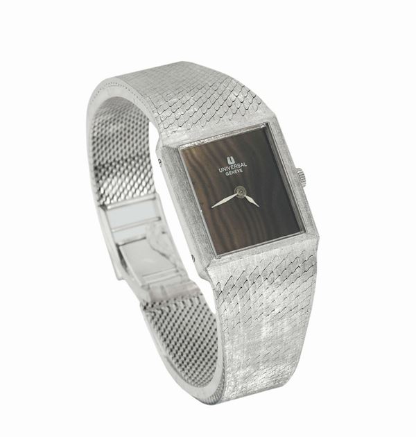 Universal Geneve, Hawk's eye Dial, 18K white gold and diamonds lady's wristwatch with an 18K integrated bracelet. Made in the 1970's.