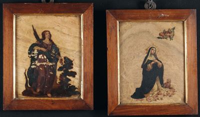 Coppia di Dipinti su Marmo Raffiguranti Sante, XVII Secolo
